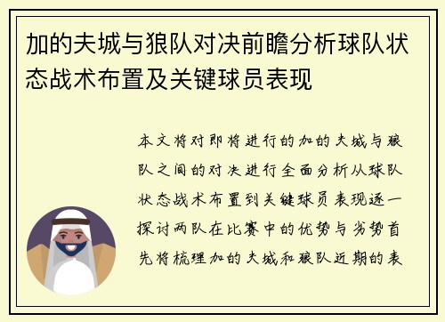 加的夫城与狼队对决前瞻分析球队状态战术布置及关键球员表现