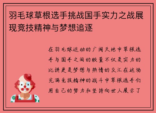 羽毛球草根选手挑战国手实力之战展现竞技精神与梦想追逐